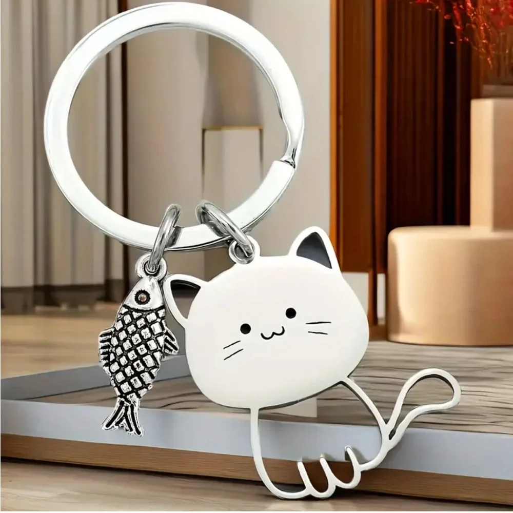 Whimsical Cat with Fish Key Ring Keychain with Dangle Charms